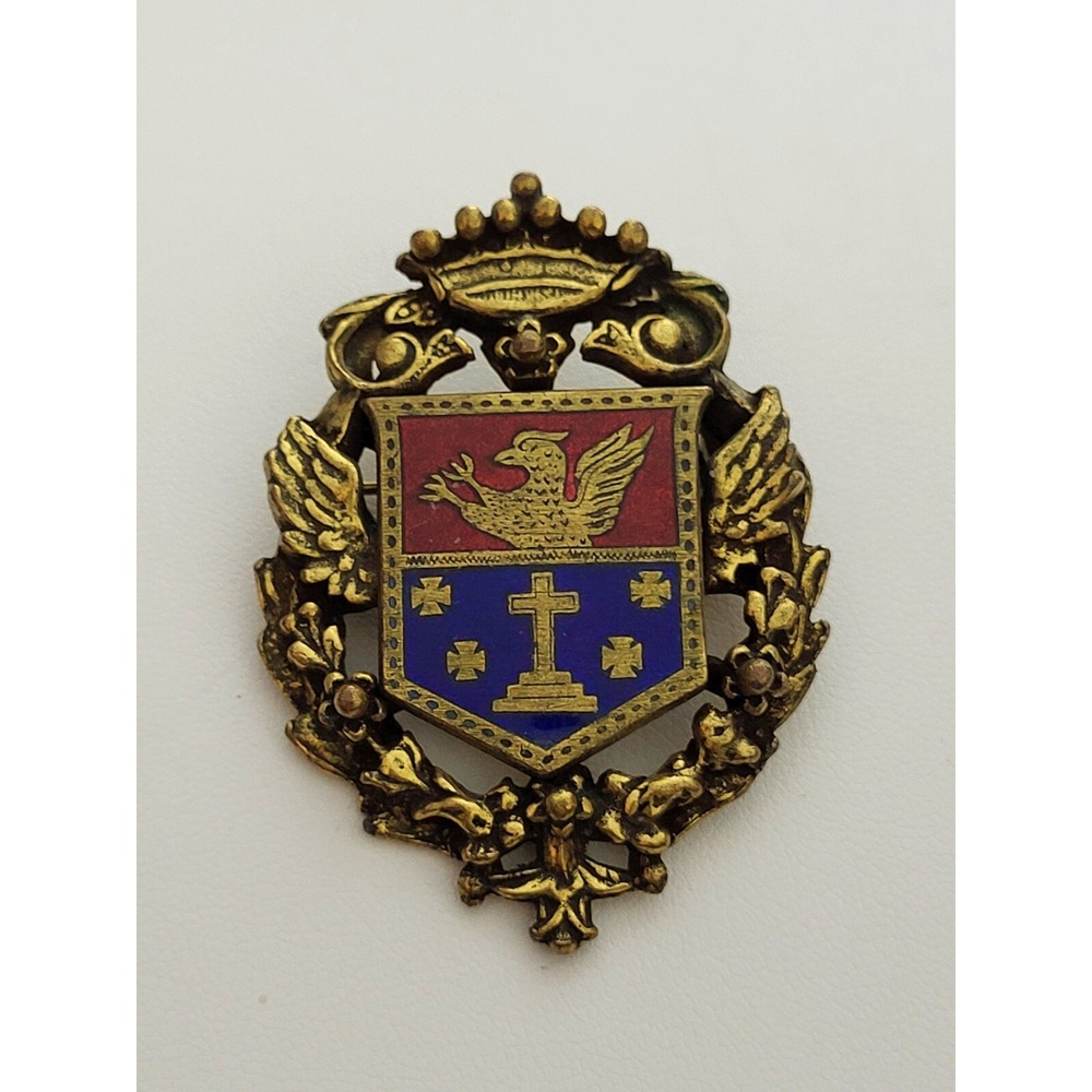 Vintage Brass Via‎ Crucis Lucis Enamel Catholic Pin Brooch Griffin Maltese Cross